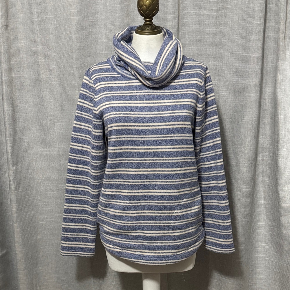 L.L Bean Cowl Neck Knit Top-Sz S-Blue/White Stripe-Pockets-Open Bottom Hem-EUC
